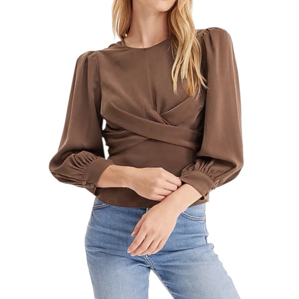 Express Brown Puff-Sleeve Satin Wrap Blouse